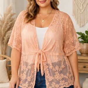 Lace Kimono Cardigan Womens 2X Tie Front Apricot/Peach Embroidered Boho